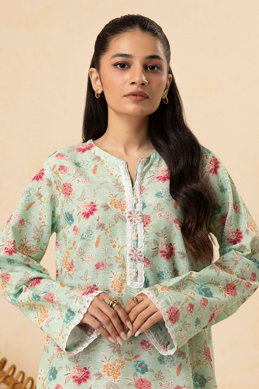 Sage Cotton 2-Piece Kurta Set | Floral Print Lace Trim