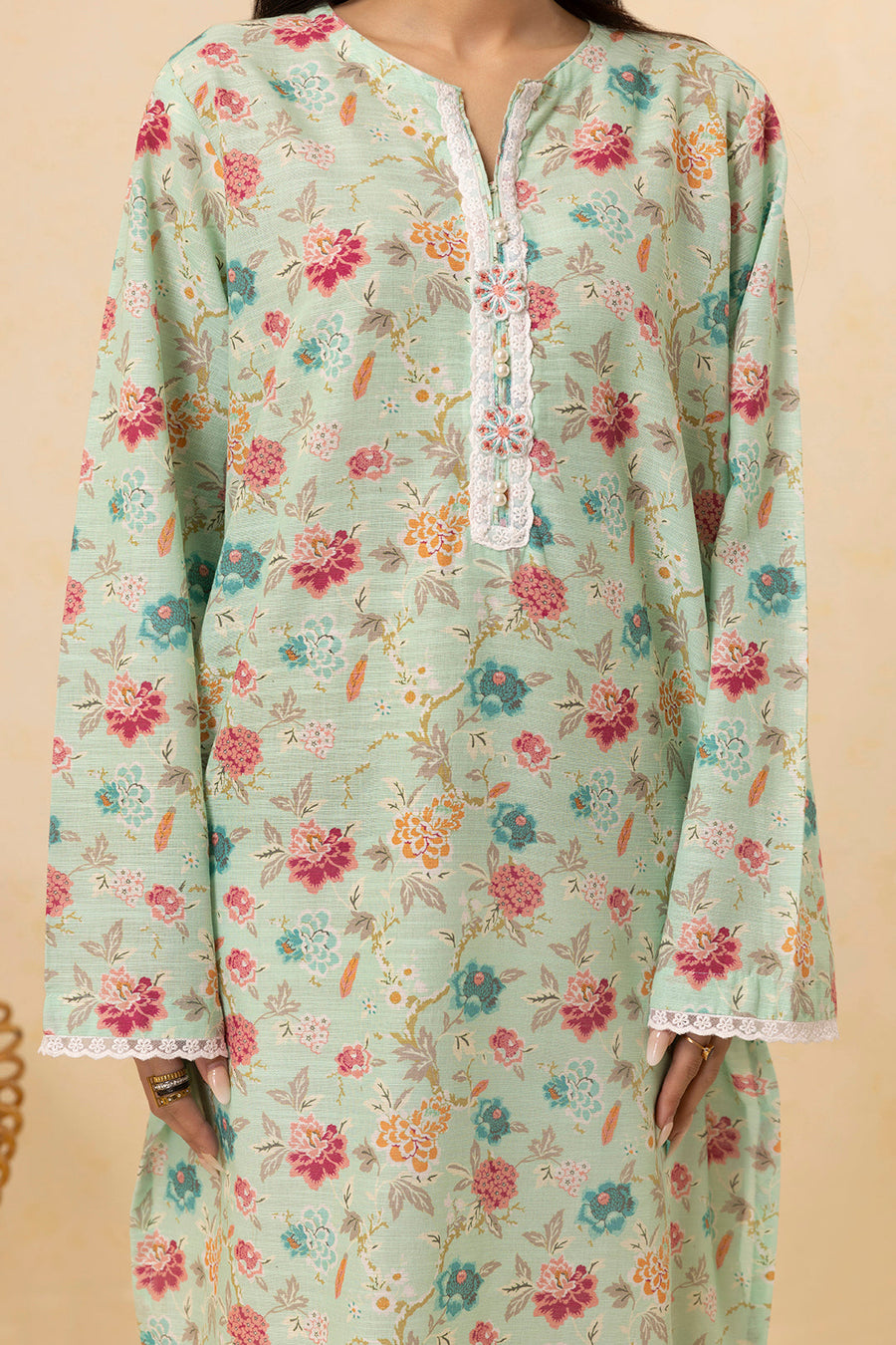 Sage Cotton 2-Piece Kurta Set | Floral Print Lace Trim