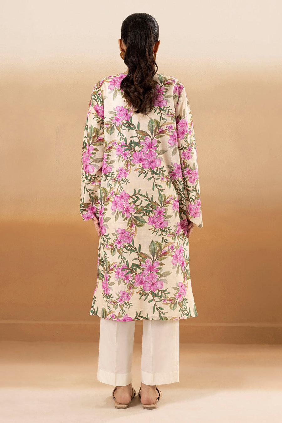 Ivory Khaddar 1-Piece Kurta | Floral Print with Keyhole Neckline