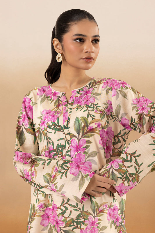 Ivory Khaddar kurta with magenta, sage, and brown floral print, keyhole neckline, long sleeves