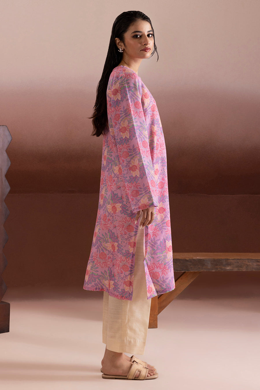 Tea Pink Khaddar 1-Piece Kurta | Floral Print
