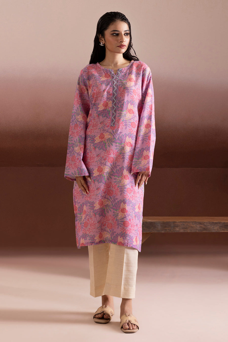 Tea Pink Khaddar 1-Piece Kurta | Floral Print