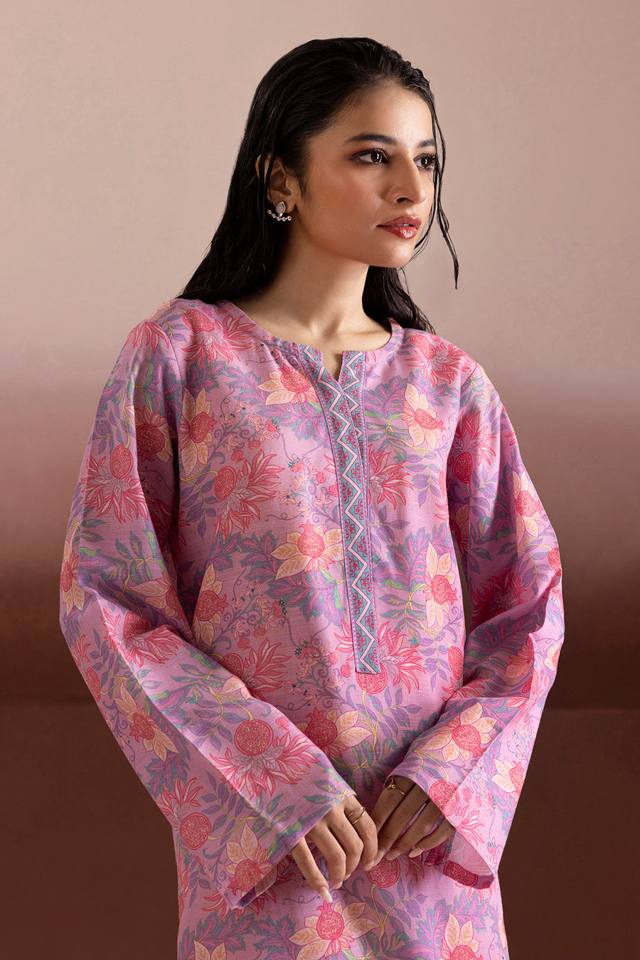 Tea Pink Khaddar 1-Piece Kurta | Floral Print