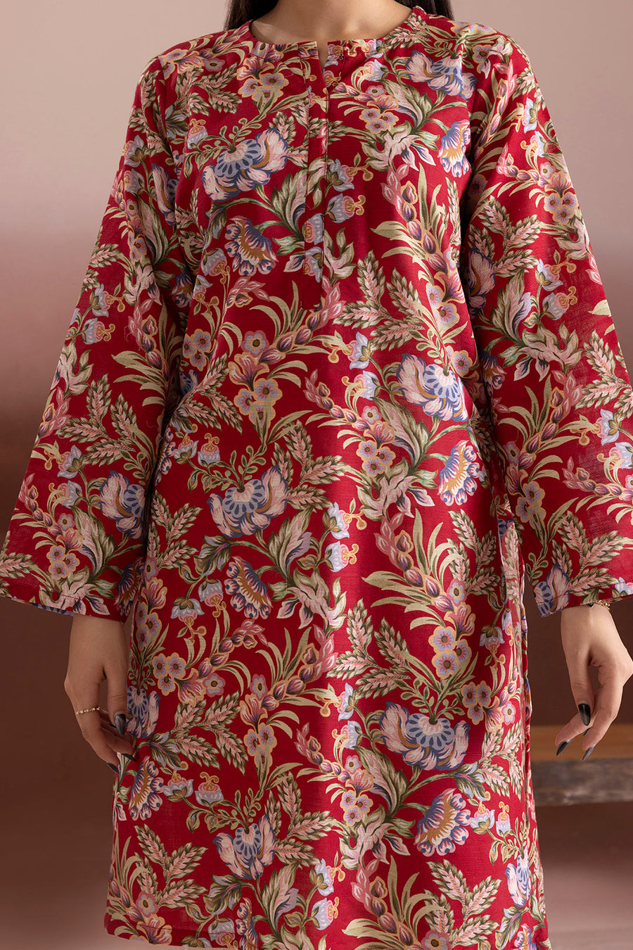 Burgundy Khaddar 1-Piece Kurta | Floral Jacquard Print