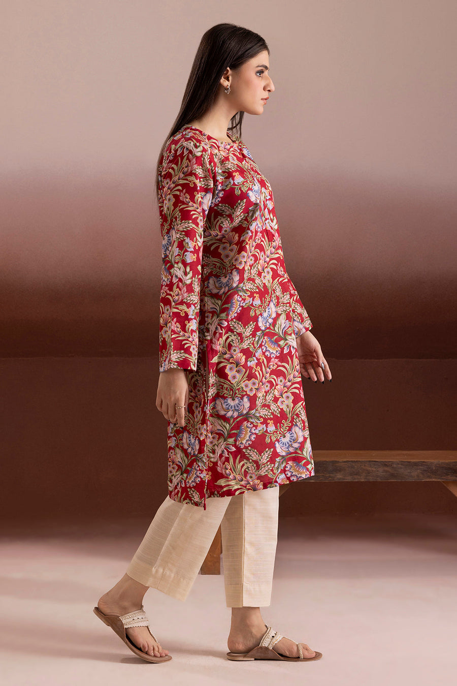 Burgundy Khaddar 1-Piece Kurta | Floral Jacquard Print