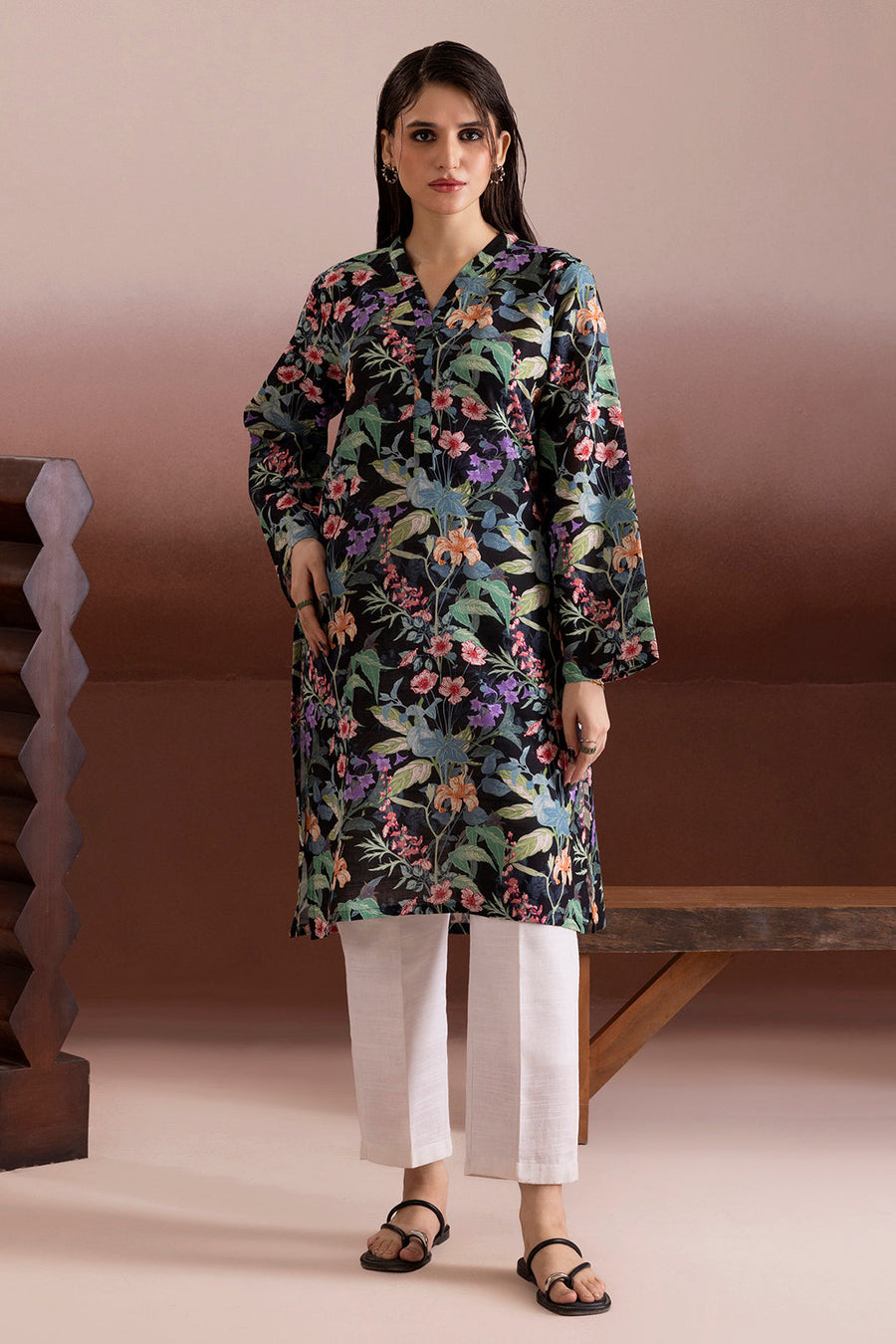 Black Floral Khaddar 1-Piece Kurta | Botanical Print