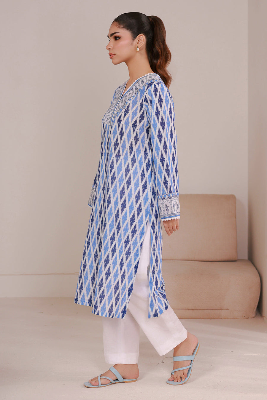 Slate Blue Khaddar 3-Piece Suit | Ikat Print with Resham Embroidery