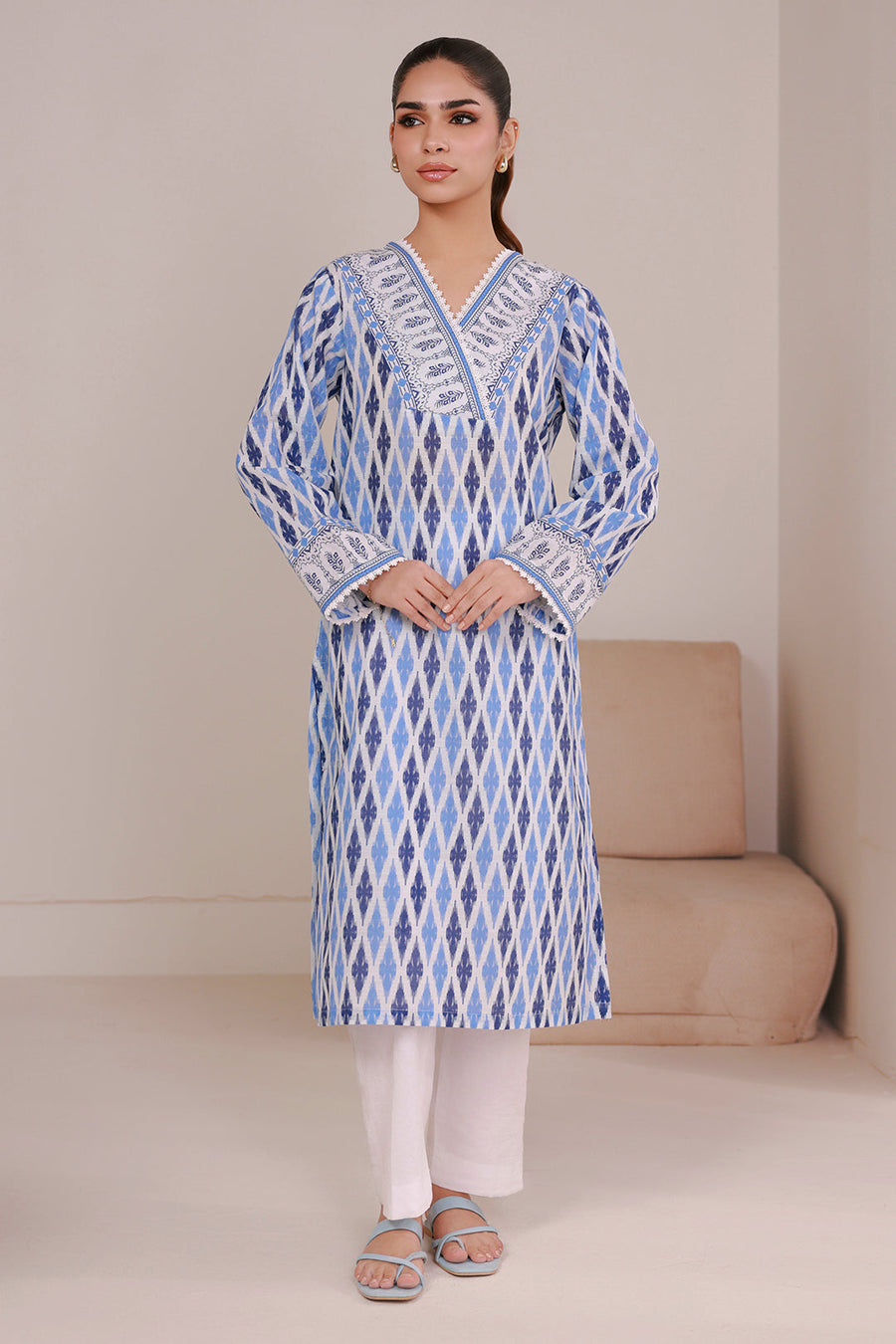 Slate Blue Khaddar 3-Piece Suit | Ikat Print with Resham Embroidery