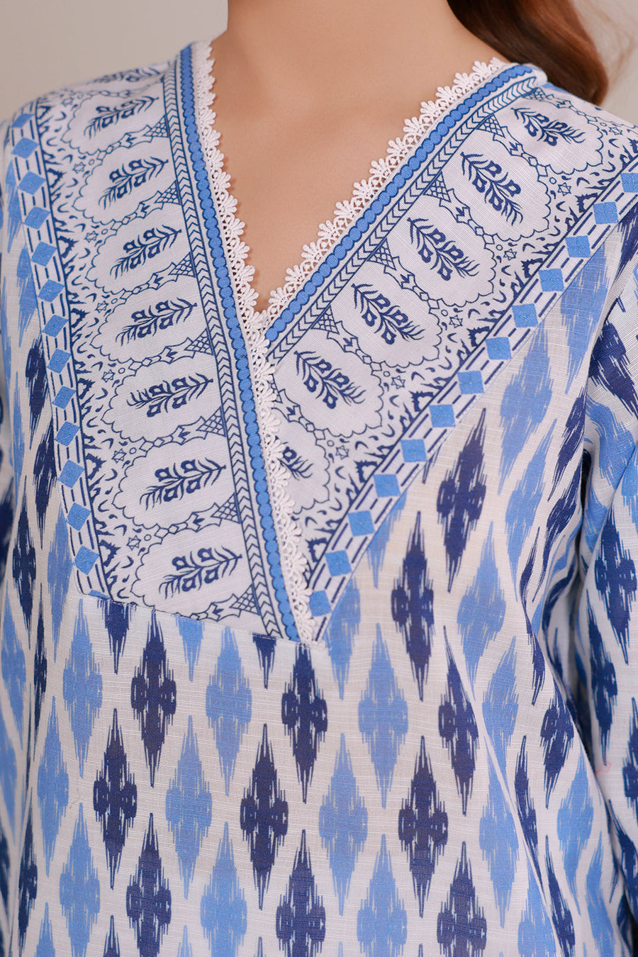 Slate Blue Khaddar 3-Piece Suit | Ikat Print with Resham Embroidery