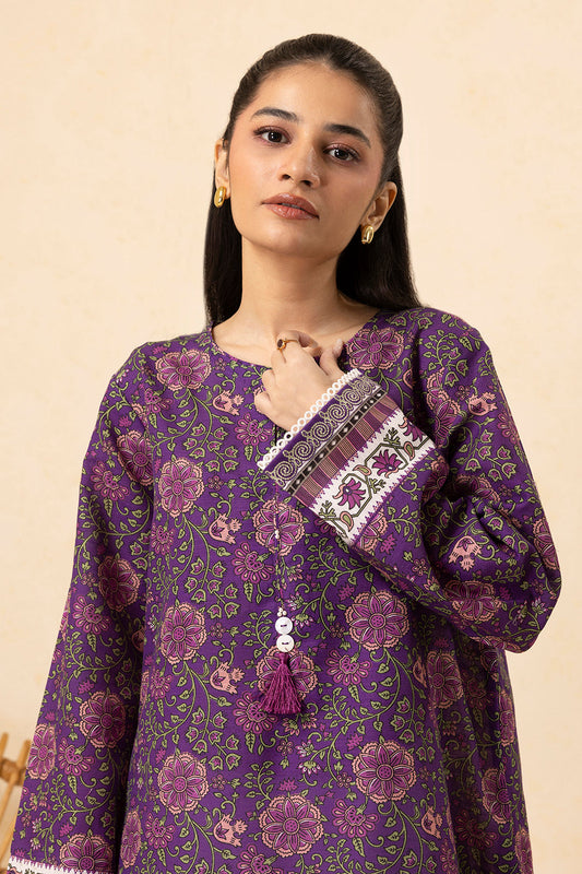 Plum Khaddar 2-Piece Kurta | Floral Print with Gota Patti Trim