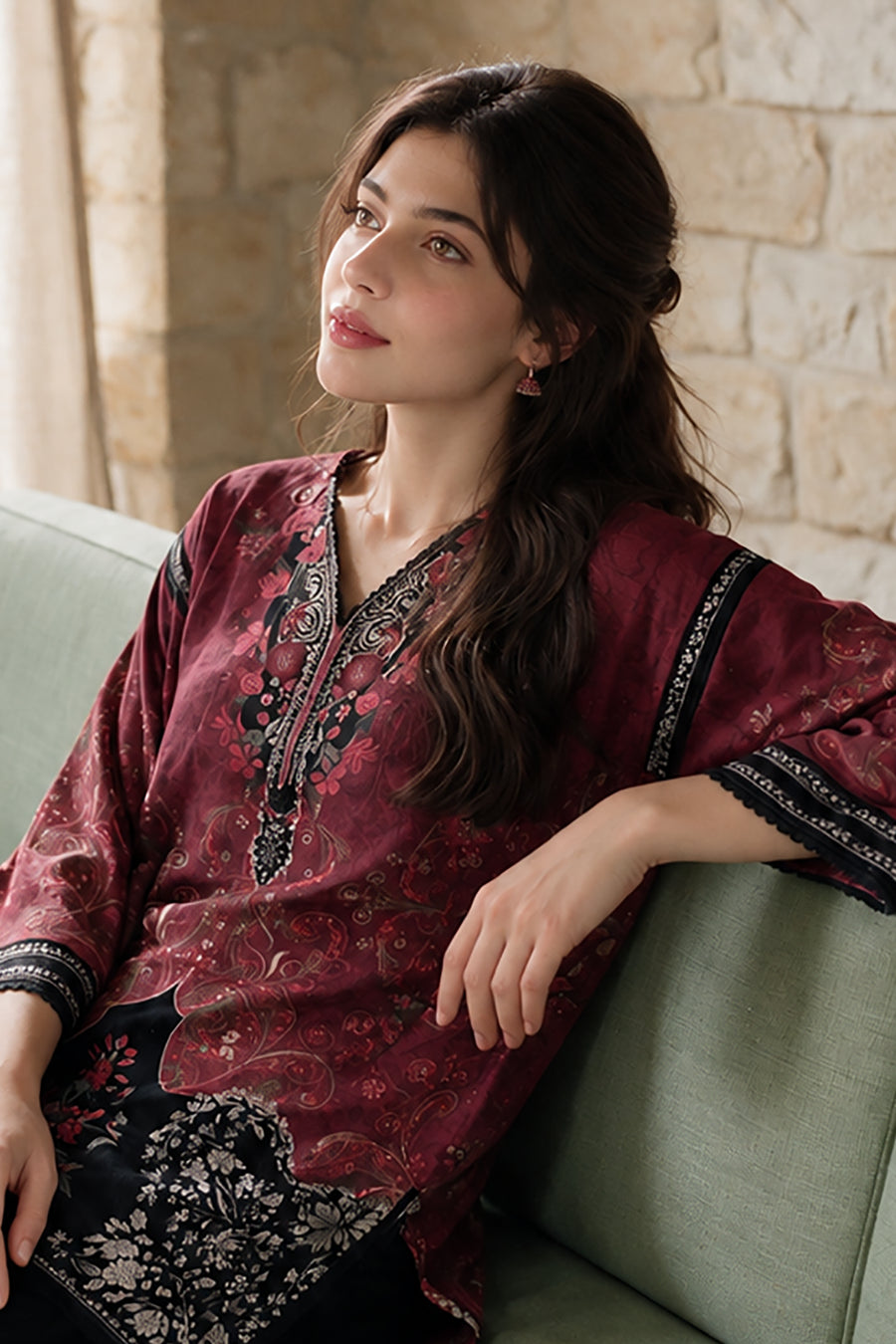 Maroon Floral & Paisley Printed Textured Khaddar Kurta | WPWQ111107