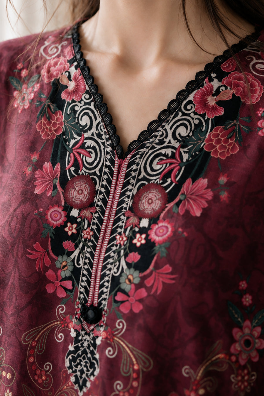Maroon Floral & Paisley Printed Textured Khaddar Kurta | WPWQ111107