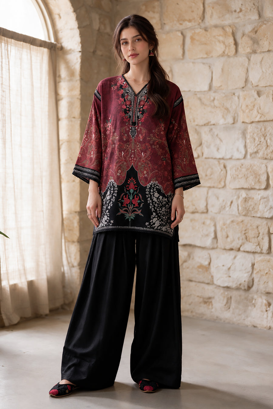 Maroon Floral & Paisley Printed Textured Khaddar Kurta | WPWQ111107