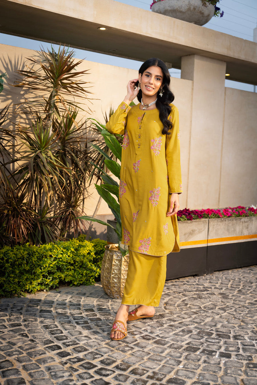 Mustard Raw Silk 2-Piece Suit | Resham Embroidery