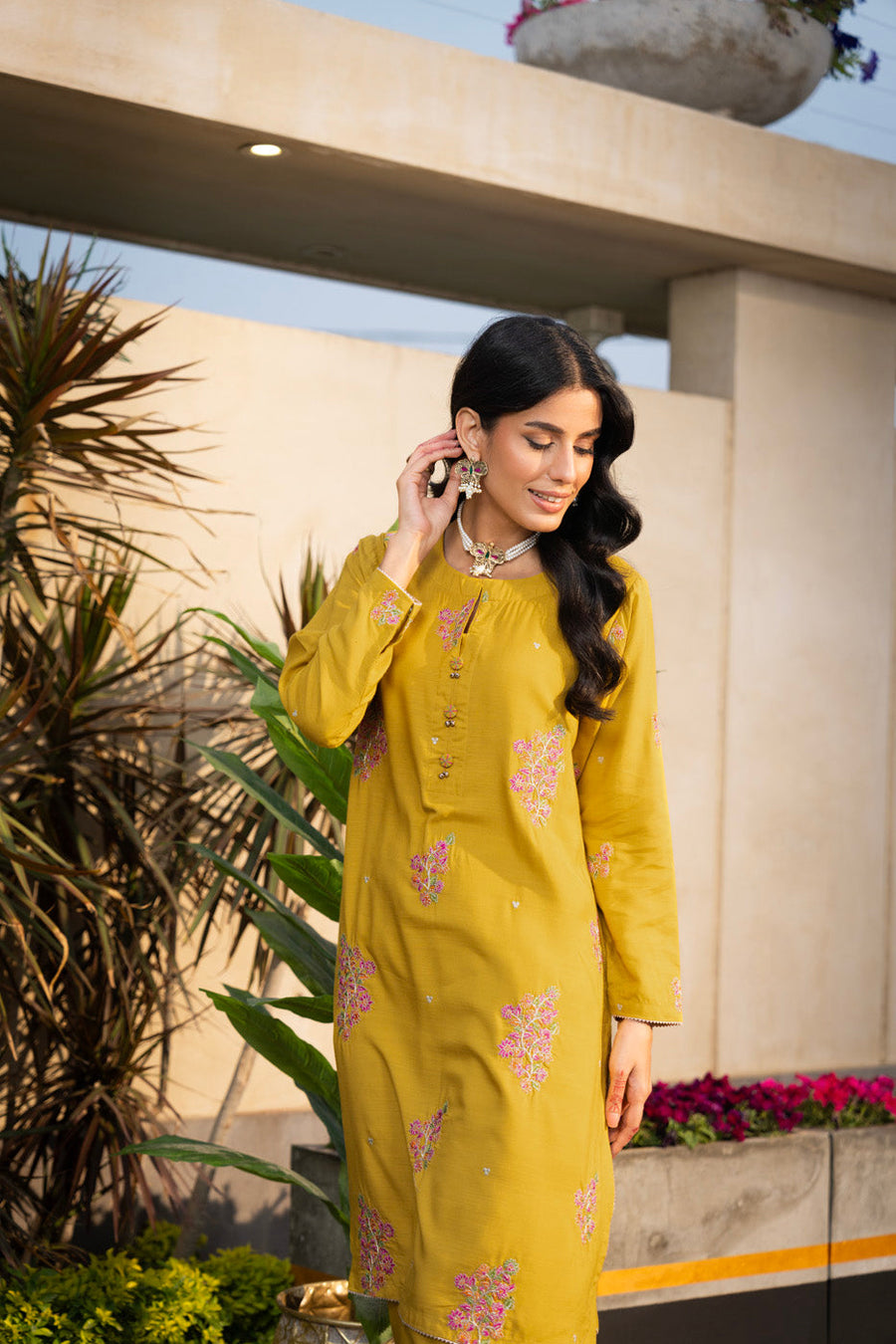 Mustard Raw Silk 2-Piece Suit | Resham Embroidery