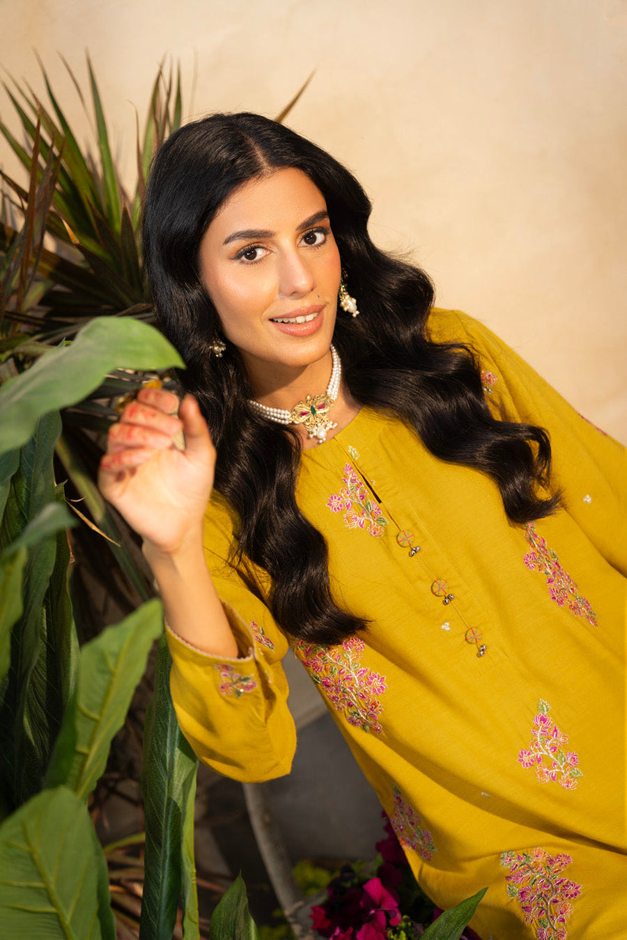 Mustard Raw Silk 2-Piece Suit | Resham Embroidery