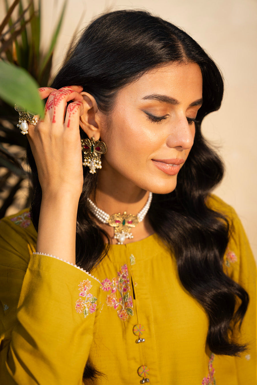 Mustard Raw Silk 2-Piece Suit | Resham Embroidery