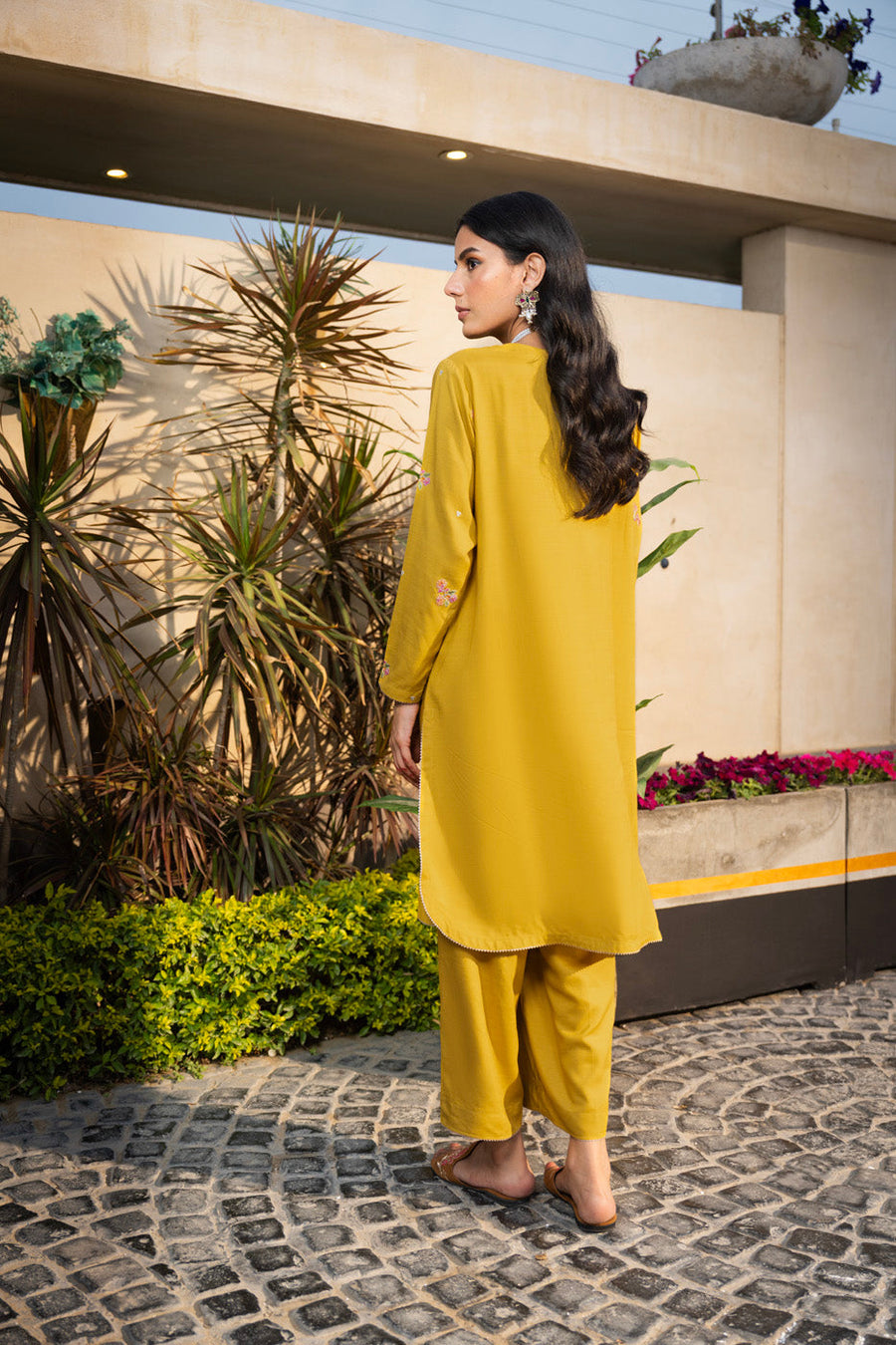 Mustard Raw Silk 2-Piece Suit | Resham Embroidery