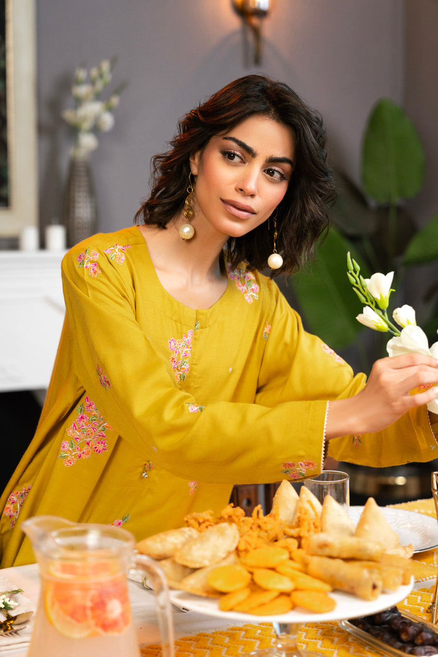 Mustard Raw Silk 2-Piece Suit | Resham Embroidery