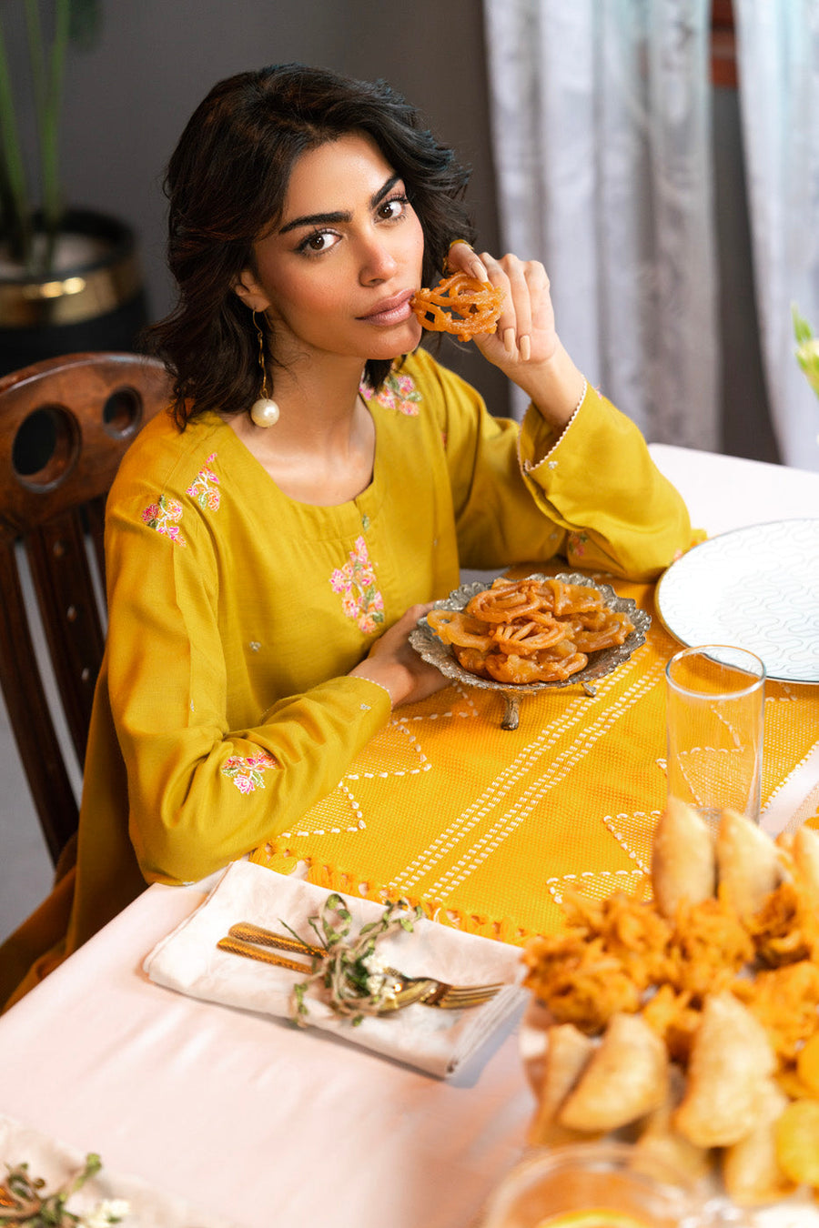 Mustard Raw Silk 2-Piece Suit | Resham Embroidery