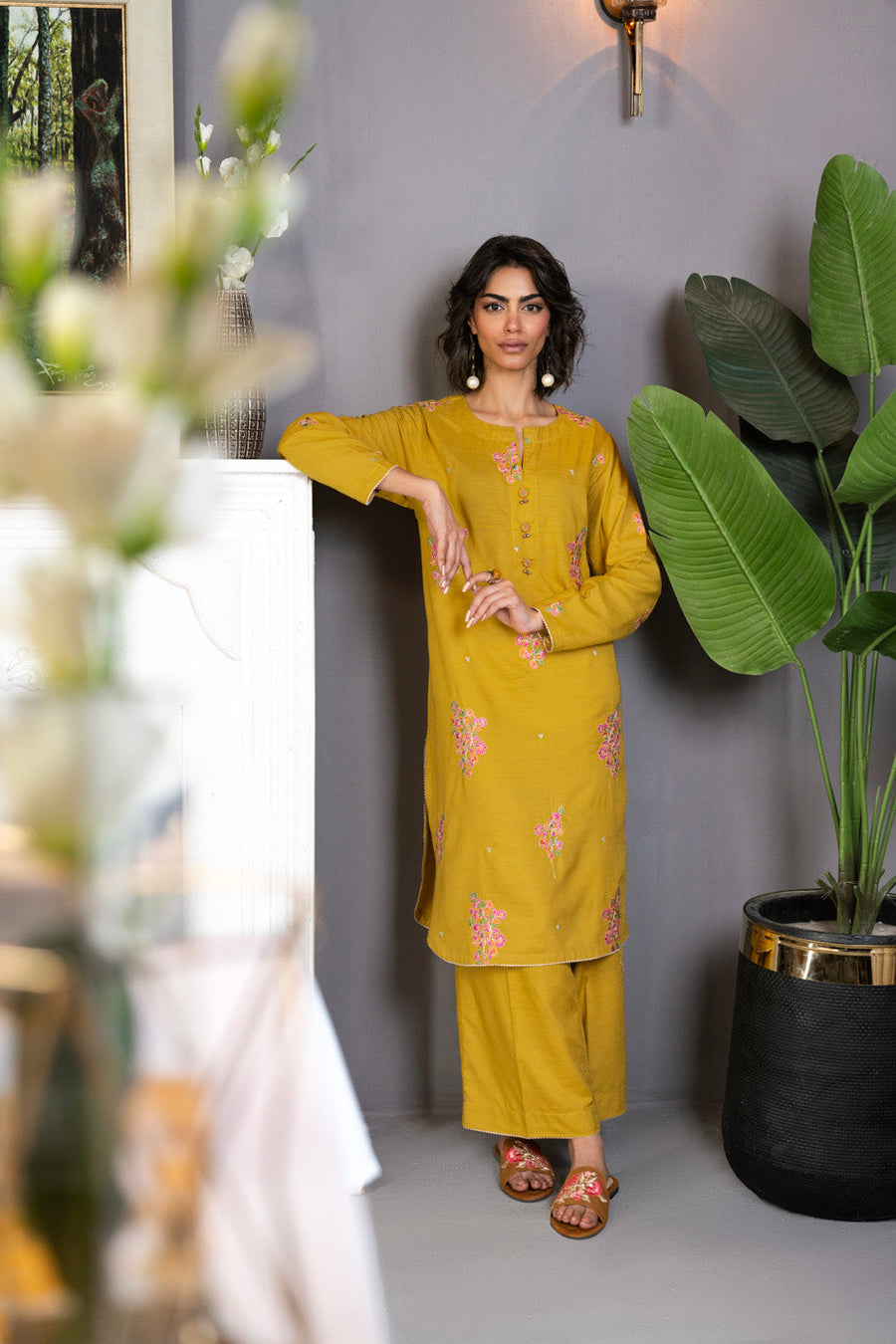 Mustard Raw Silk 2-Piece Suit | Resham Embroidery