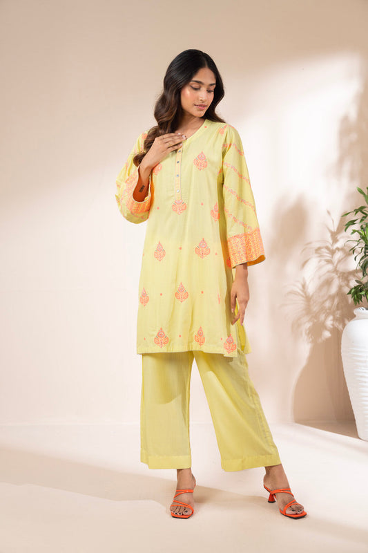 Buttercream Raw Silk 2-Piece Suit | Resham Embroidery