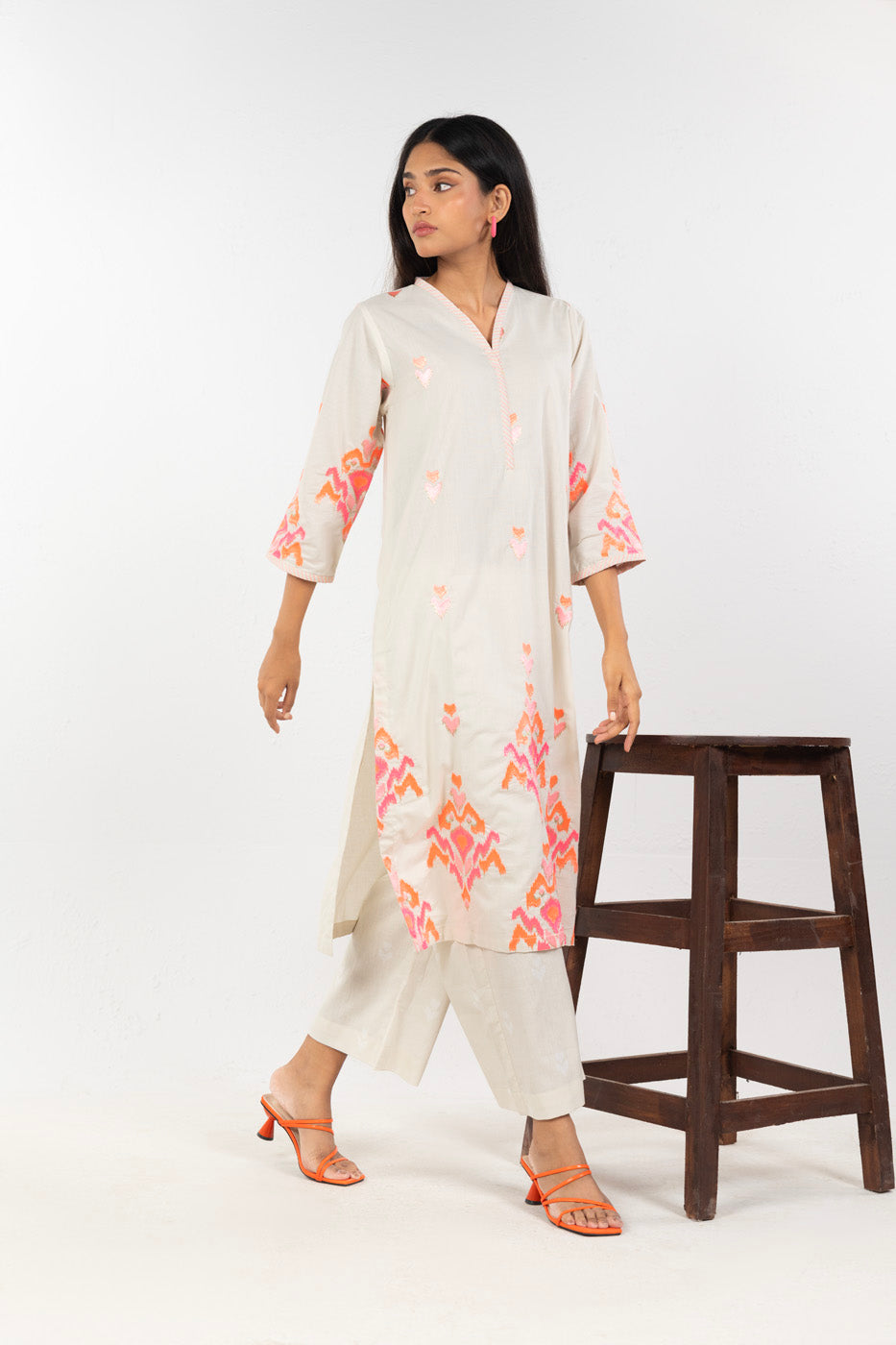 Ivory Linen 2-Piece Culotte Set | Ikat Embroidery