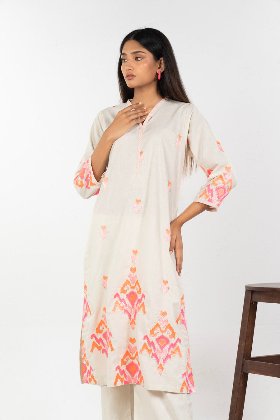 Ivory Linen 2-Piece Culotte Set | Ikat Embroidery