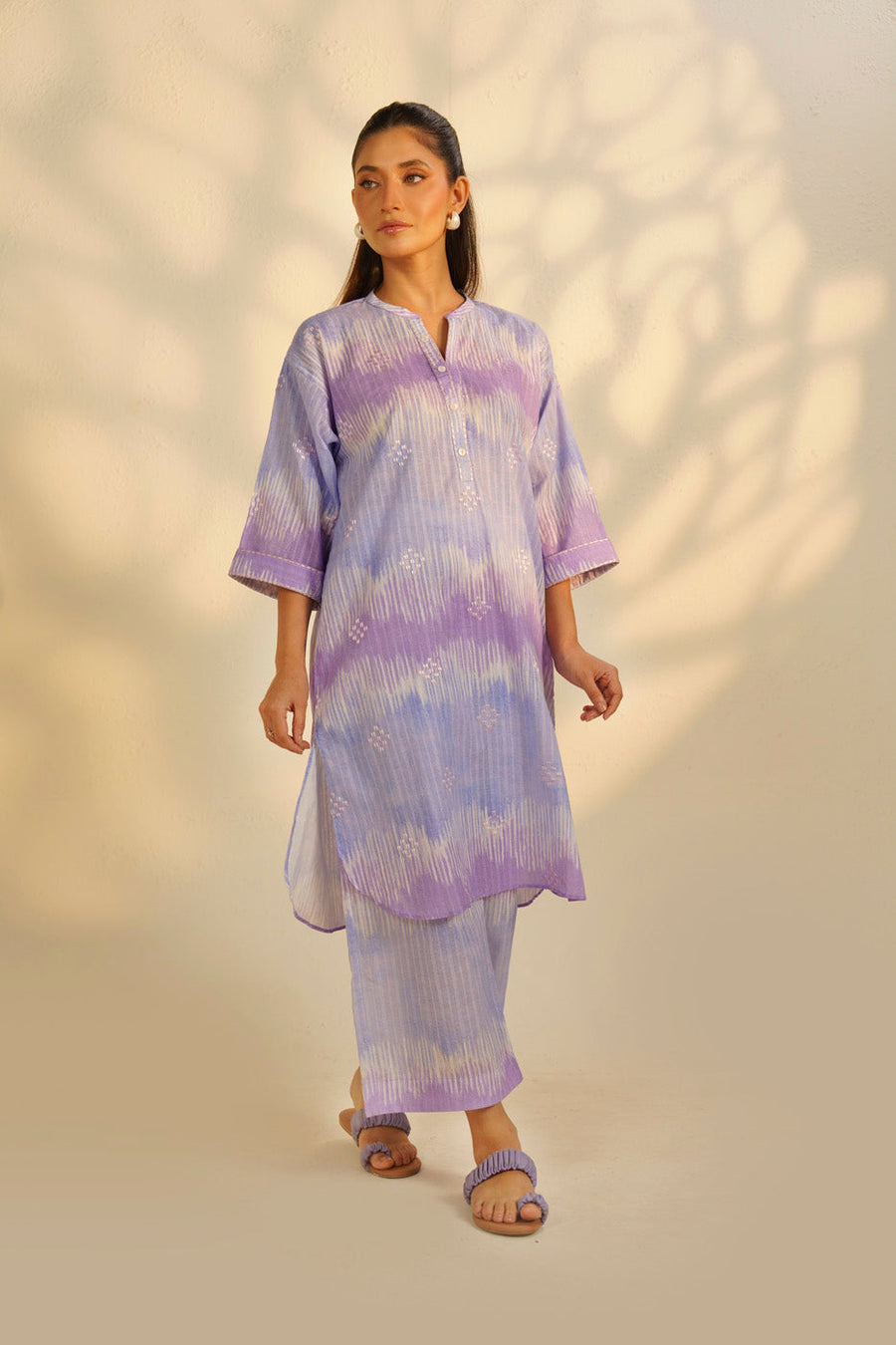 Lilac Dobby 2-Piece Culotte Set | Floral Resham Embroidery