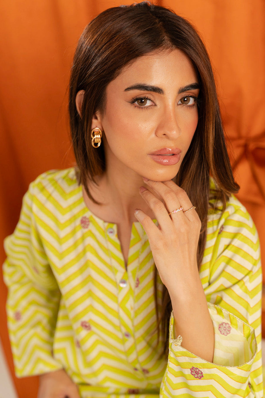 Chartreuse Cotton Silk 2-Piece Suit | Chevron & Floral