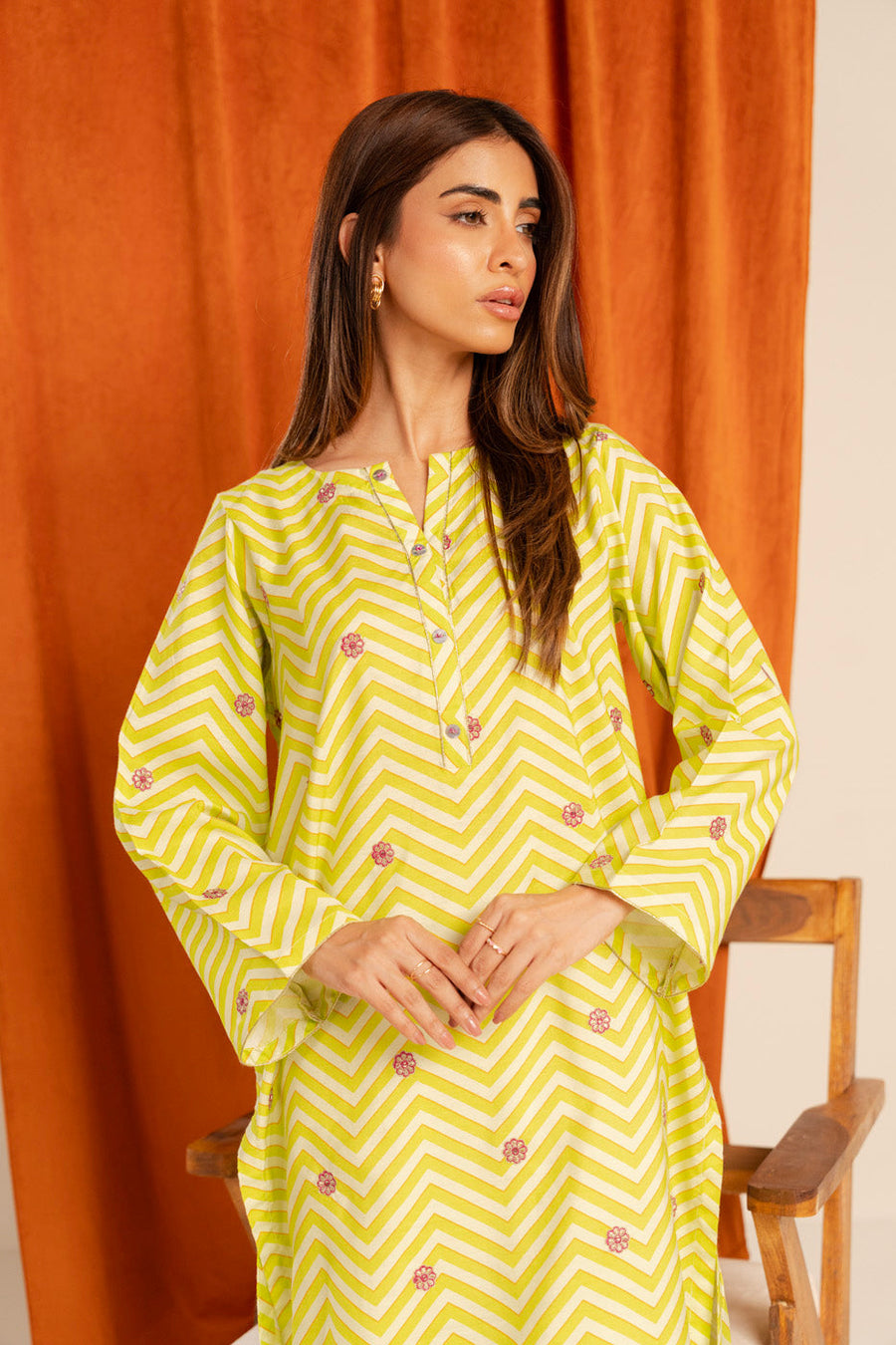 Chartreuse Cotton Silk 2-Piece Suit | Chevron & Floral