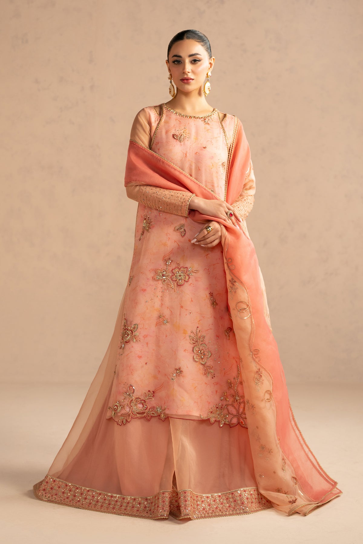 Peach Organza Embroidered 3PC Occasion Suit