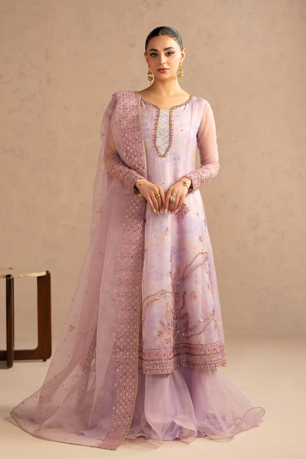 Elegant Mauve Organza Embroidered Suit