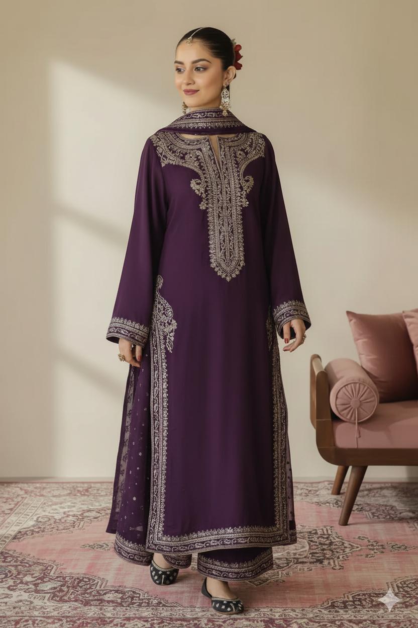 Plum Majesty | 3 piece Embroidered Luxury Pret For Women