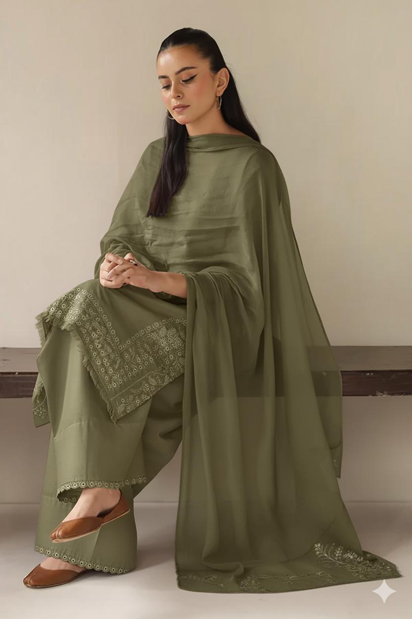 Olive Petal | 3 piece Stitched embroidered casual wear