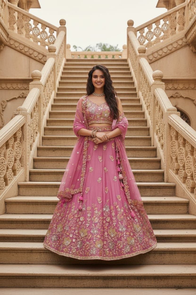 Embroidered Pink Bridal Lehenga Suit