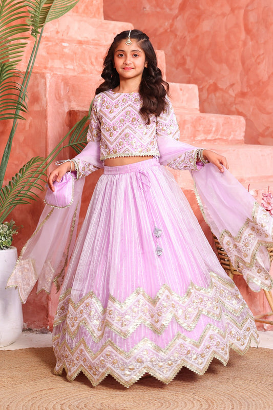 Girls’ Lilac Gold Chevron Embroidered Lehenga Choli with Dupatta & Potli