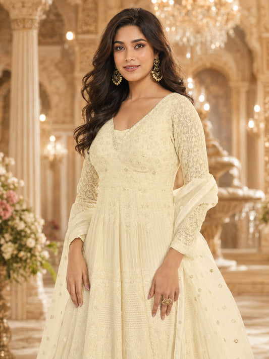 Royal Cream Lucknowi Chikankari Designer Gown with Embroidered Dupatta