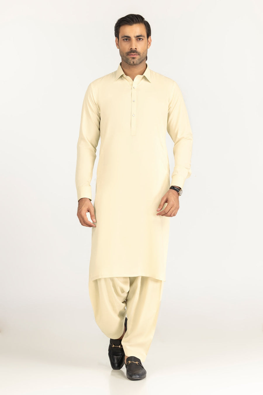 Off-White Cotton 2-Piece Kurta Set | Collar Placket