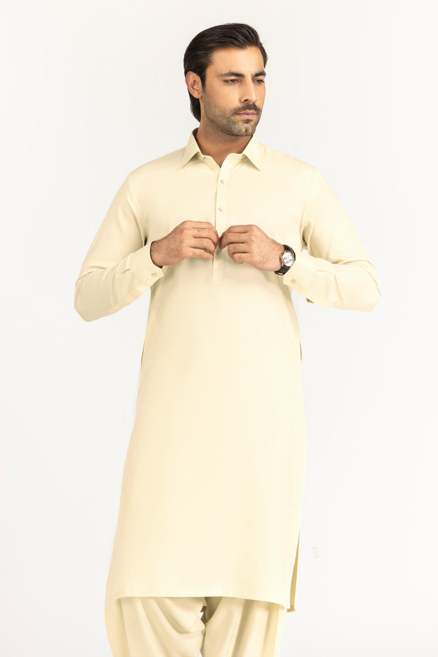 Off-White Cotton 2-Piece Kurta Set | Collar Placket
