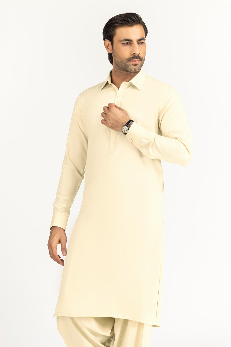 Off-White Cotton 2-Piece Kurta Set | Collar Placket