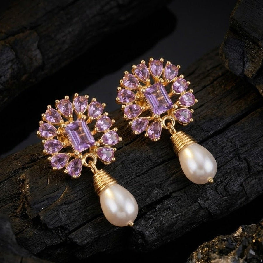 Amethyst Pearl Drop Earrings - 21k Gold Plated Gemstone Jewelry - Pehnaawaa