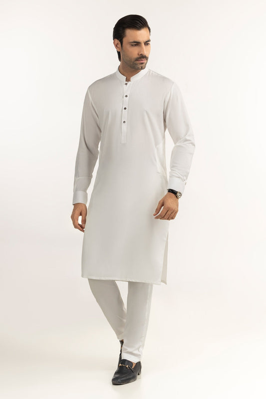 Off-White Silk-Blend 2-Piece Kurta | Mandarin Collar - Pehnaawaa