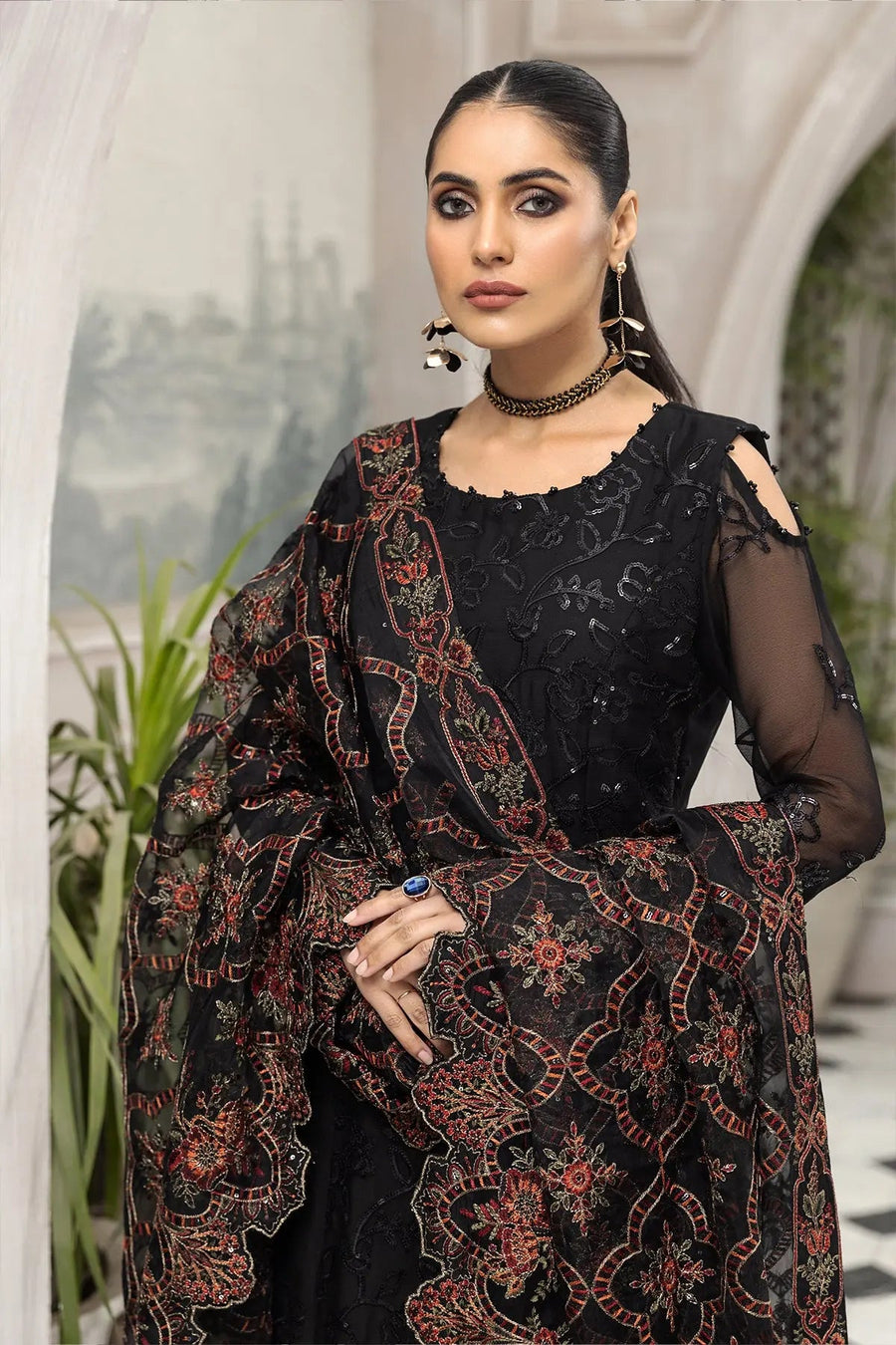 Arman Black Embroidered Chiffon Suit with Floral Organza Dupatta | Stitched & Unstitched