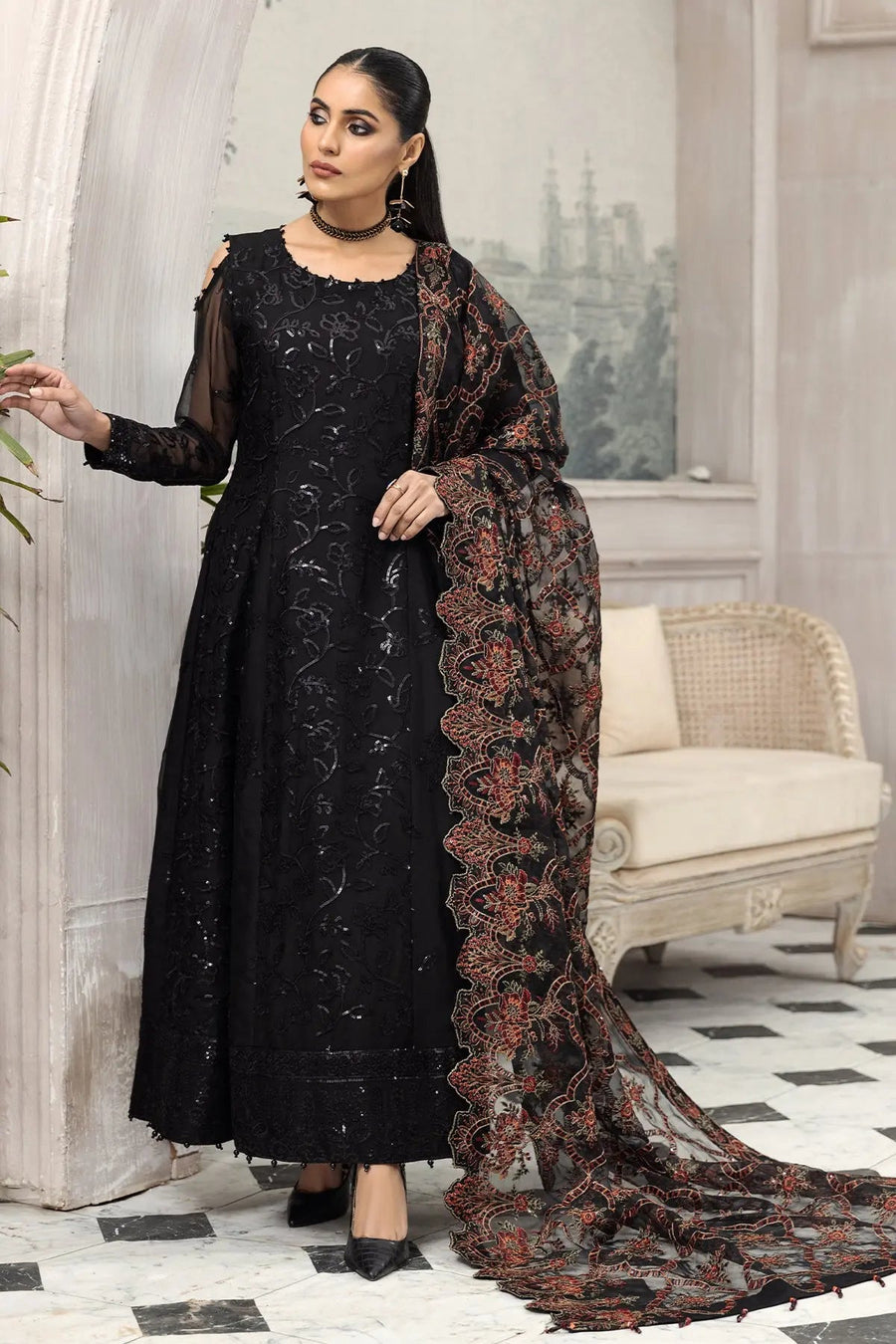 Arman Black Embroidered Chiffon Suit with Floral Organza Dupatta | Stitched & Unstitched