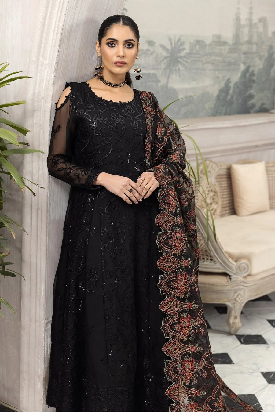 Arman Black Embroidered Chiffon Suit with Floral Organza Dupatta | Stitched & Unstitched