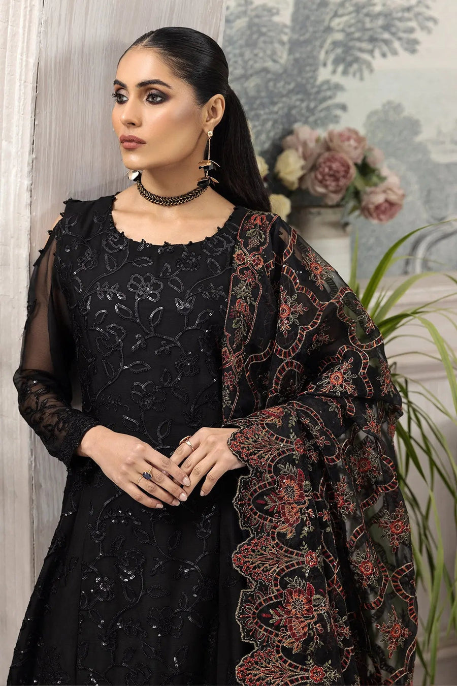 Arman Black Embroidered Chiffon Suit with Floral Organza Dupatta | Stitched & Unstitched