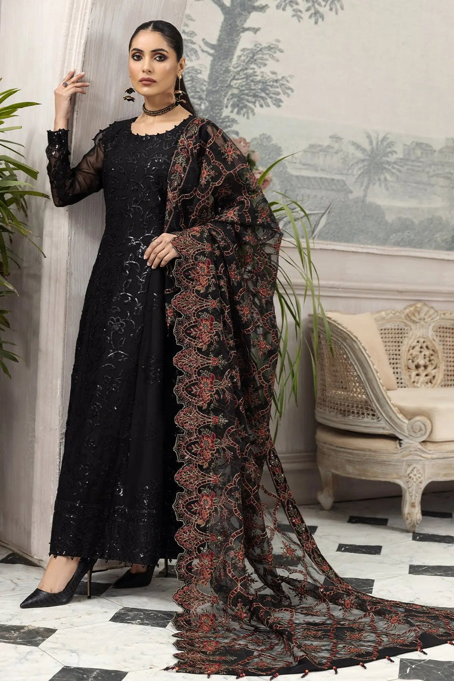 Arman Black Embroidered Chiffon Suit with Floral Organza Dupatta | Stitched & Unstitched