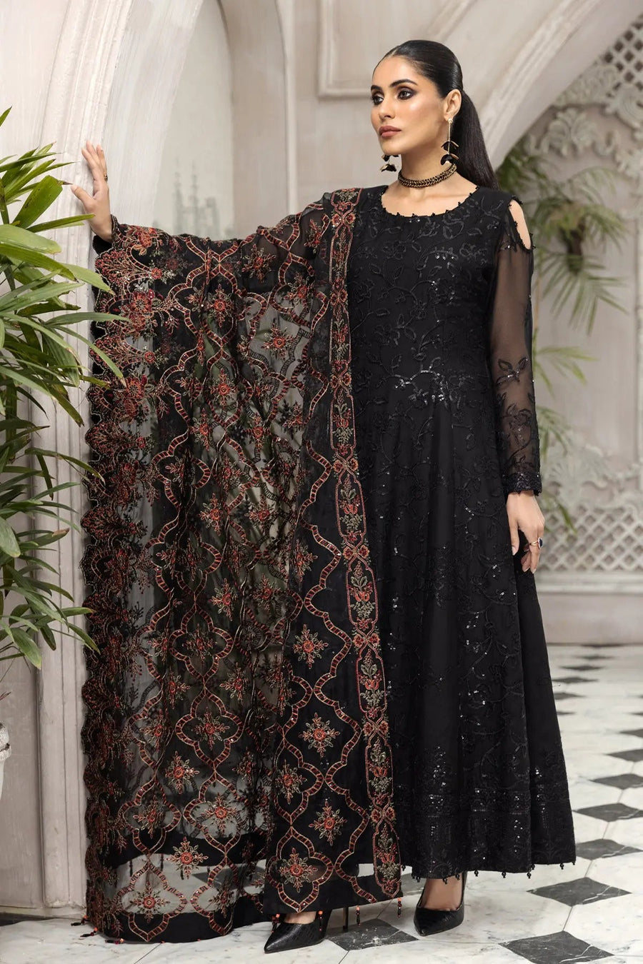 Arman Black Embroidered Chiffon Suit with Floral Organza Dupatta | Stitched & Unstitched