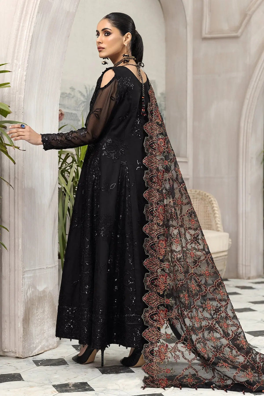Arman Black Embroidered Chiffon Suit with Floral Organza Dupatta | Stitched & Unstitched